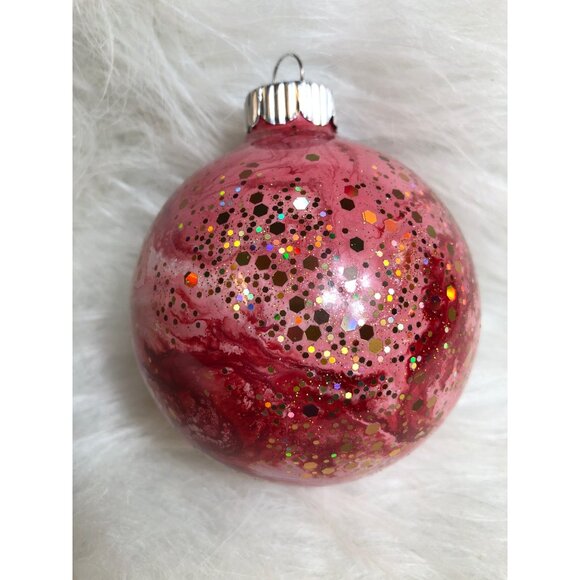 Christmas Ornament Red & Pink Swirl Globe Hand-Painted Marbled Glitter - Picture 2 of 8